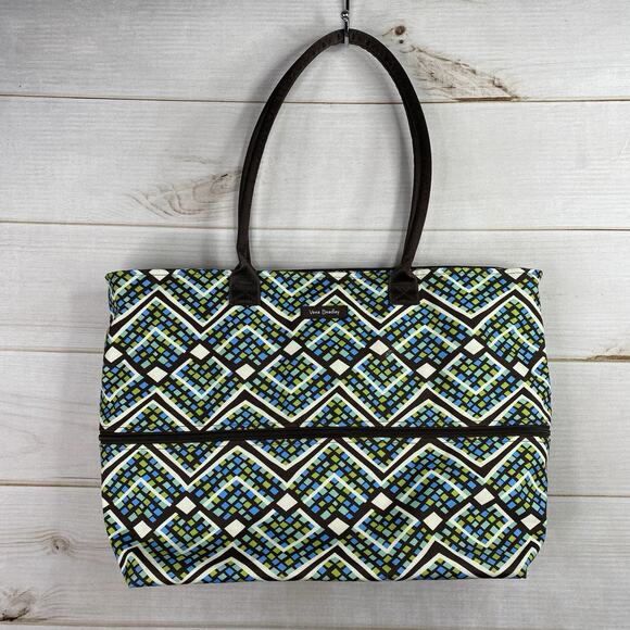 Vera Bradley Tote Lighten Up Expandable Travel Bag Concerto Weekender Blue Brown - Picture 1 of 13
